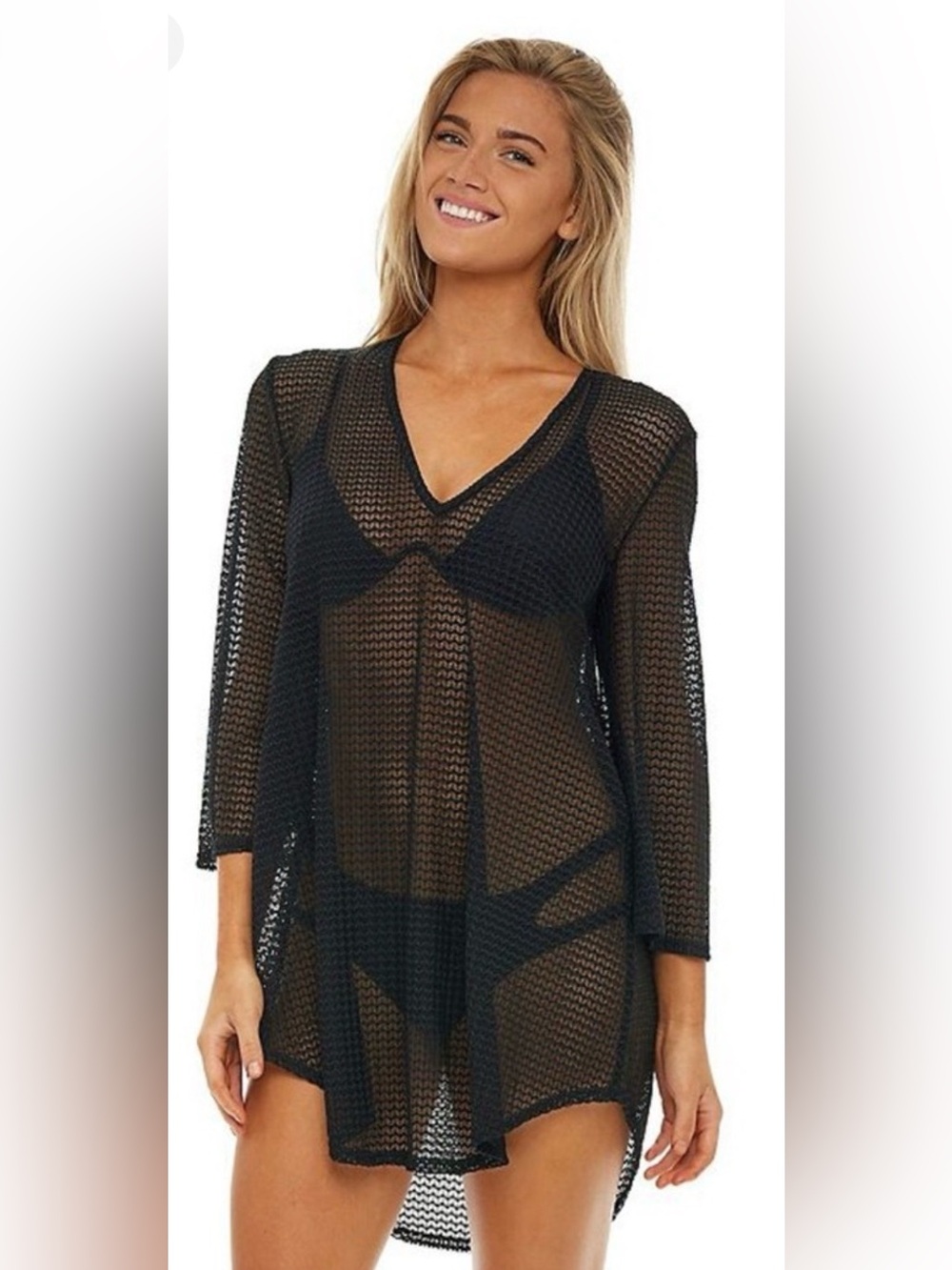 Jordan Taylor Black Sheer Knit V-Neck Swim Coverup NWT - L